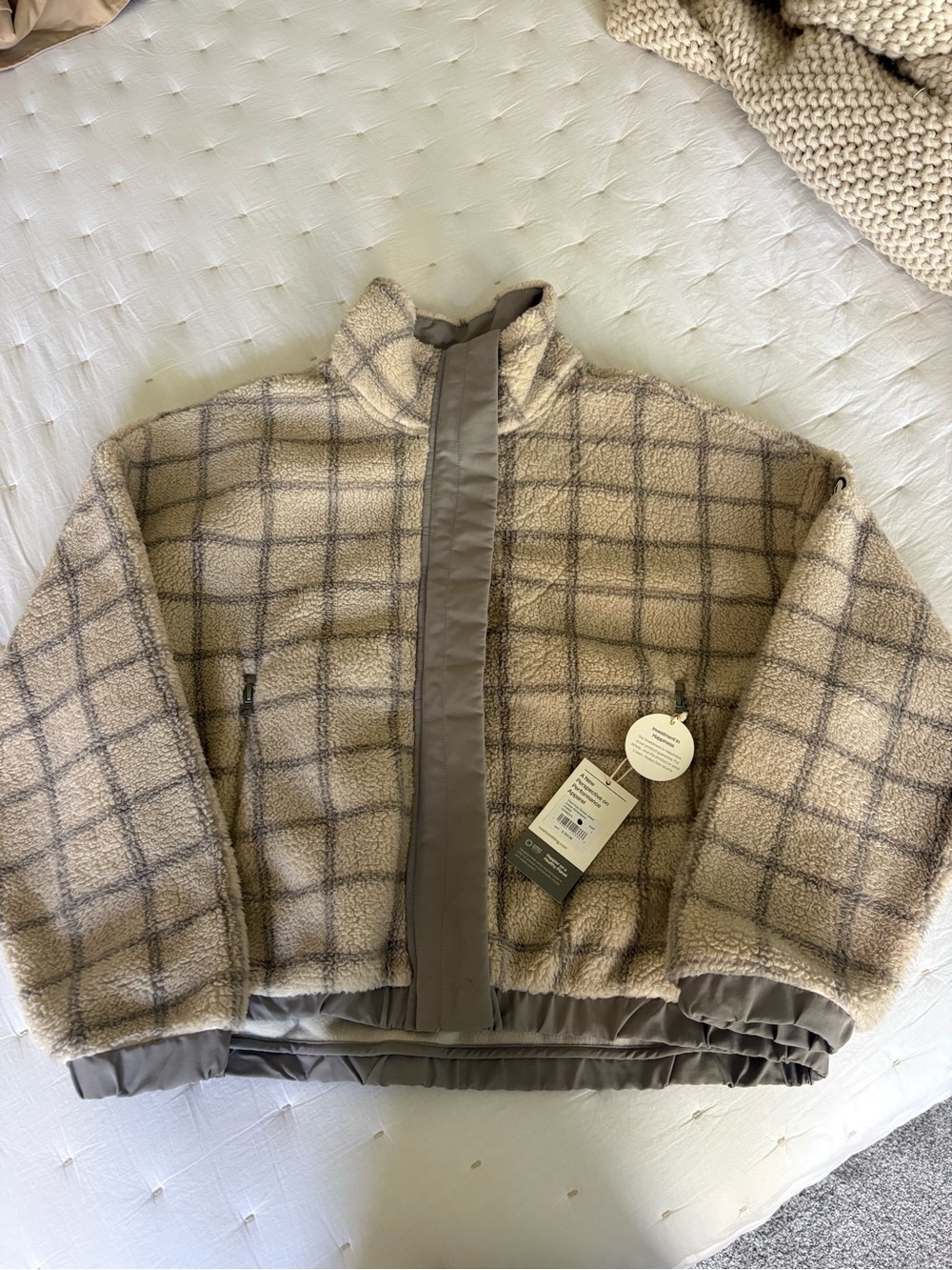 Vuori Windowpane Sherpa/Suede Jacket in Beige and Gray, L, NWT!